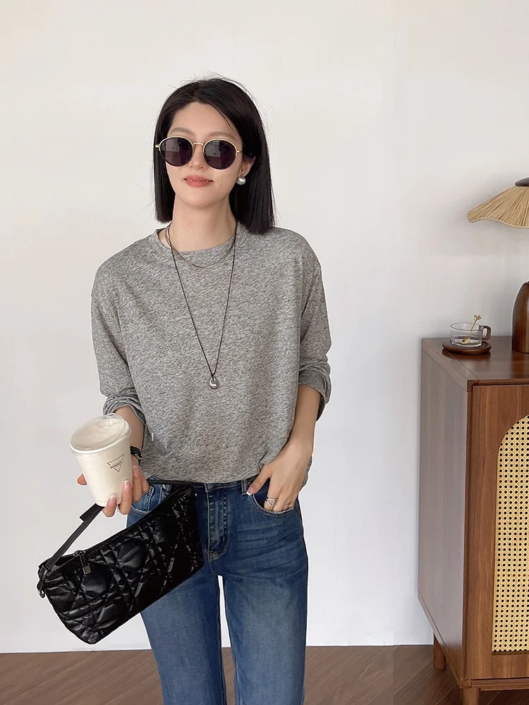 

Женская льняная футболка свободного кроя с длинным рукавом и круглым вырезом, тонкий материал, осенняя новинка, корейский стиль, модный повседневный топ