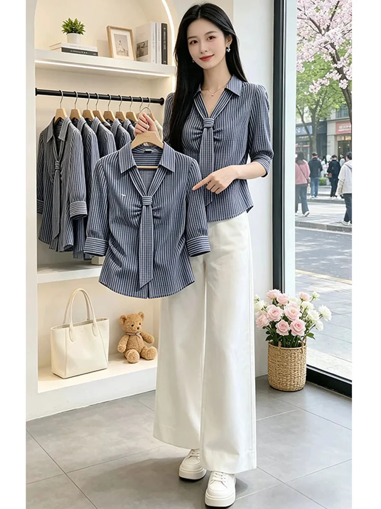 

Casual Stripe Shirt Women's Summer 2026 Fashionable Versatile Short Sleeve Ribbon Detail Waist-Cinching Polyester Fiber