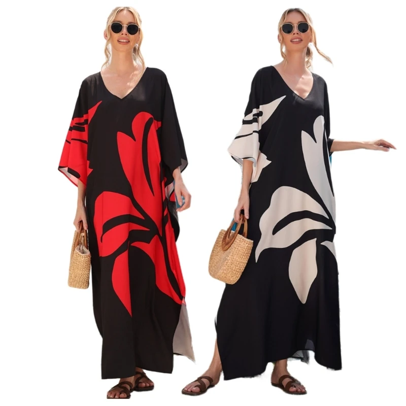 Mulheres praia coverup manga curta comprimento total vestido kaftan maiô coverup