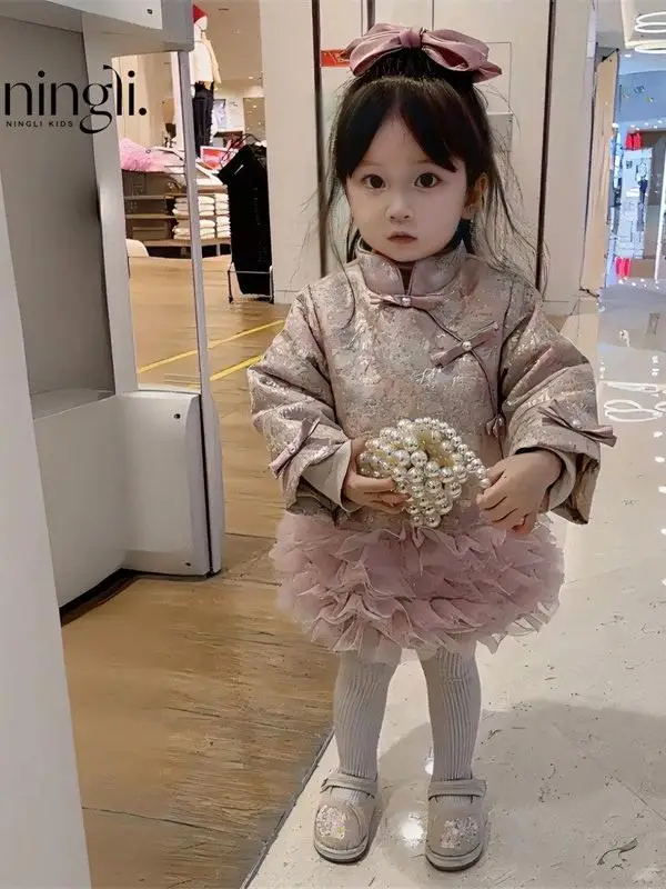 

Новый китайский традиционный костюм для девочек: хлопковый танг-костюм, длинная юбка ханьфу и шелковый топ с круглым вырезом