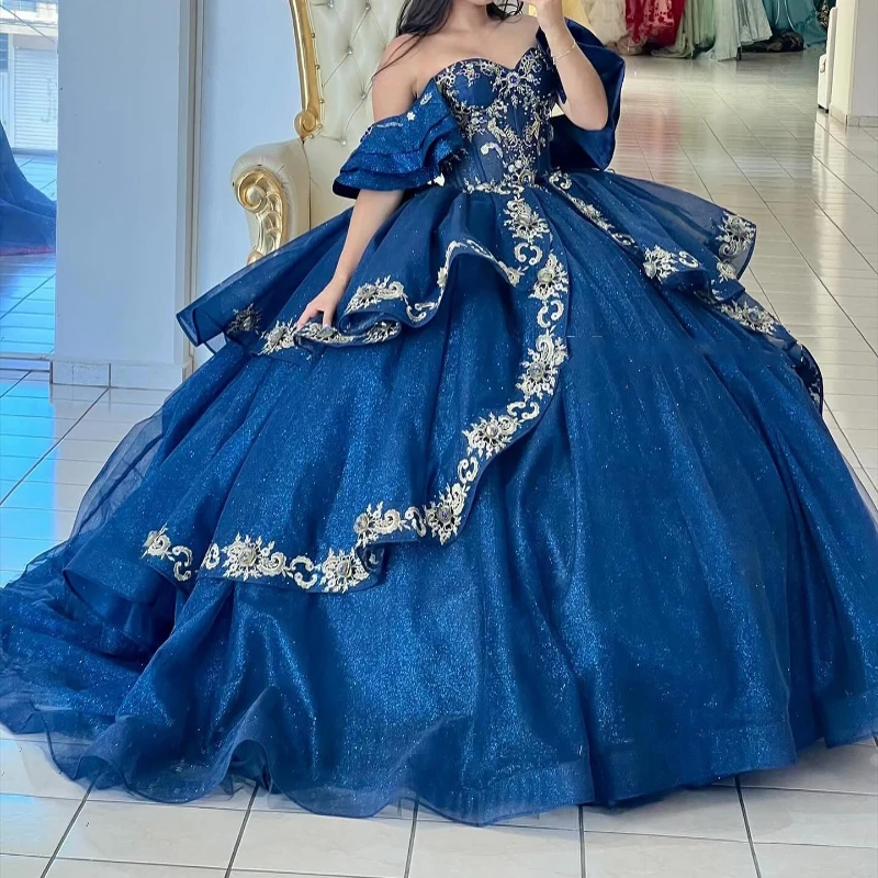 

Navy Blue Shiny Quinceanera Dress Ball Gown Off The Shoulder Lace Applique Beading Tiered Corset Sweet 16 Vestidos De 15 Anos