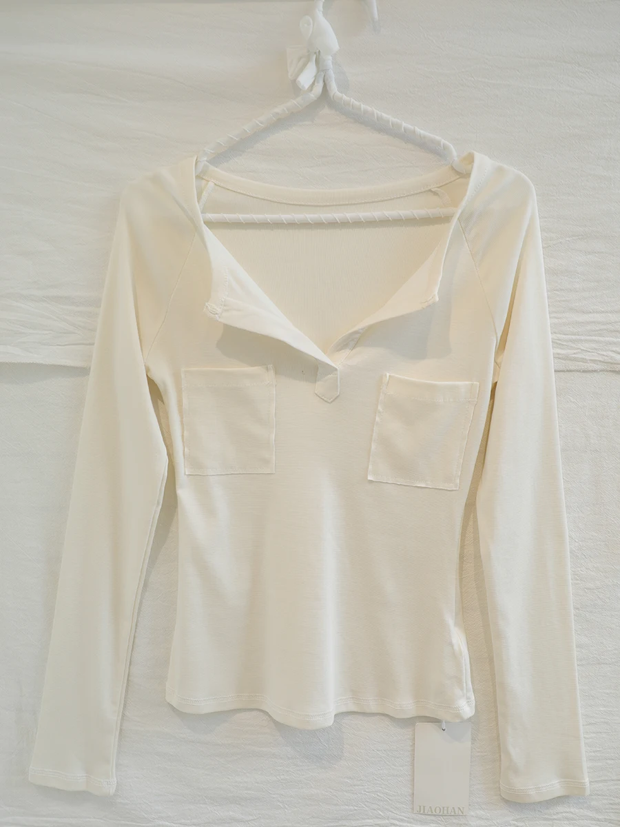 

Футболка с v-образным вырезом и карманами, длинный рукав, кардиган, женские осенние однотонные тонкие повседневные футболки, милые винтажные футболки в консервативном стиле, топы Y2K