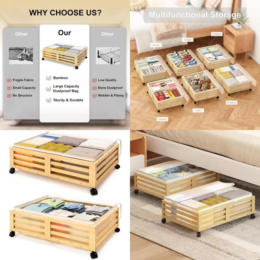 

Rolling Bamboo Underbed Storage Bins - 2 Pack, Dustproof for Shoes, Clothes, Blankets, Duvets, Snacks & Toys (Natural)