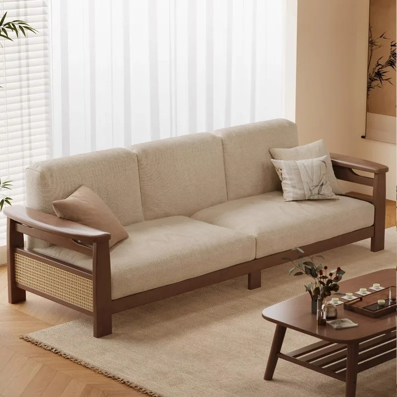 Yjq solid wood sofa living room three people straight row sitting area reception Chinese rattan fabric sofa