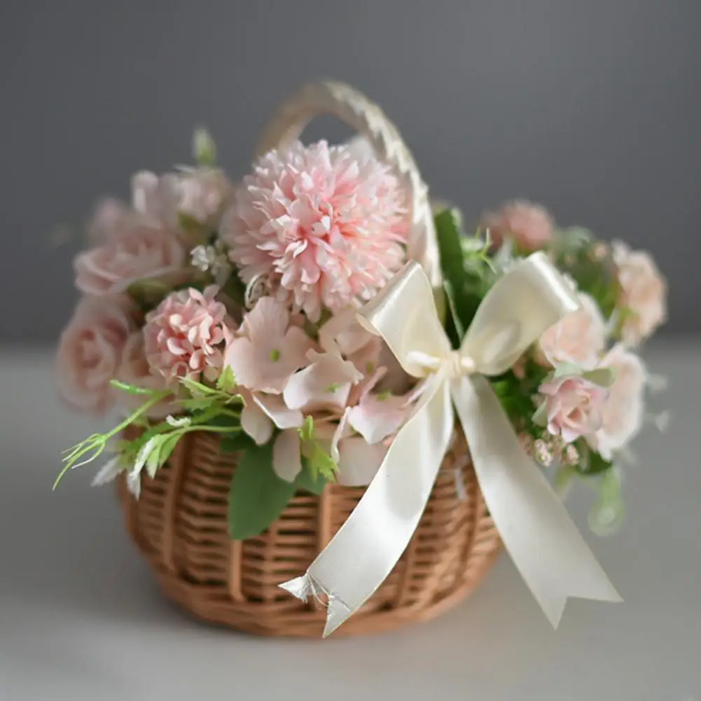 Woven Baskets Handle Design Woven Wicker Basket Handmade Rattan Storage Basket With Bow Retro Decorative Woven Flowerpot