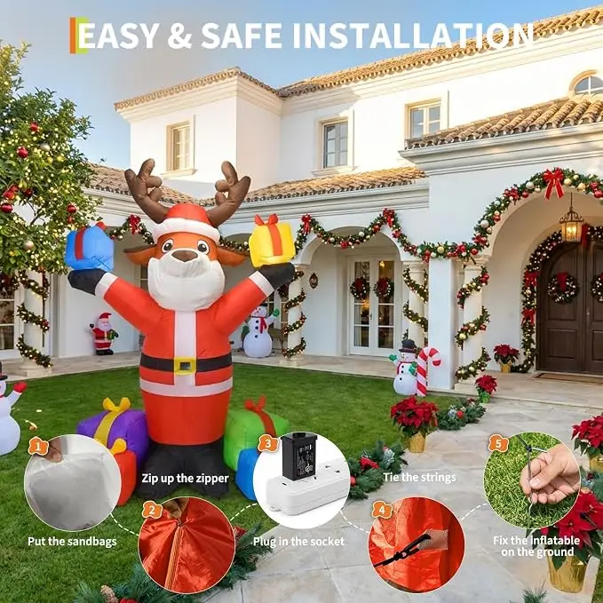 210cm Inflatable Christmas Reindeer with LED Lights – Weather-Resistant Outdoor Holiday Decoration for Yard, Garden