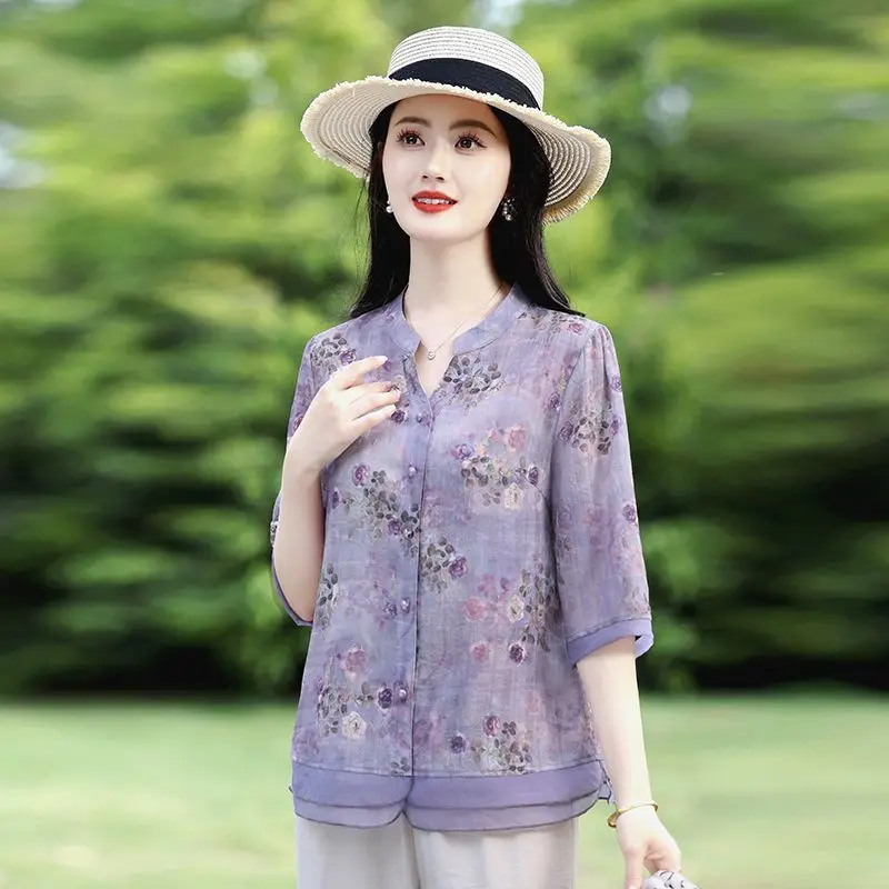 

Elegant Mom Summer Shirt Floral Blouse New Chinese Style Senior Women's Open
