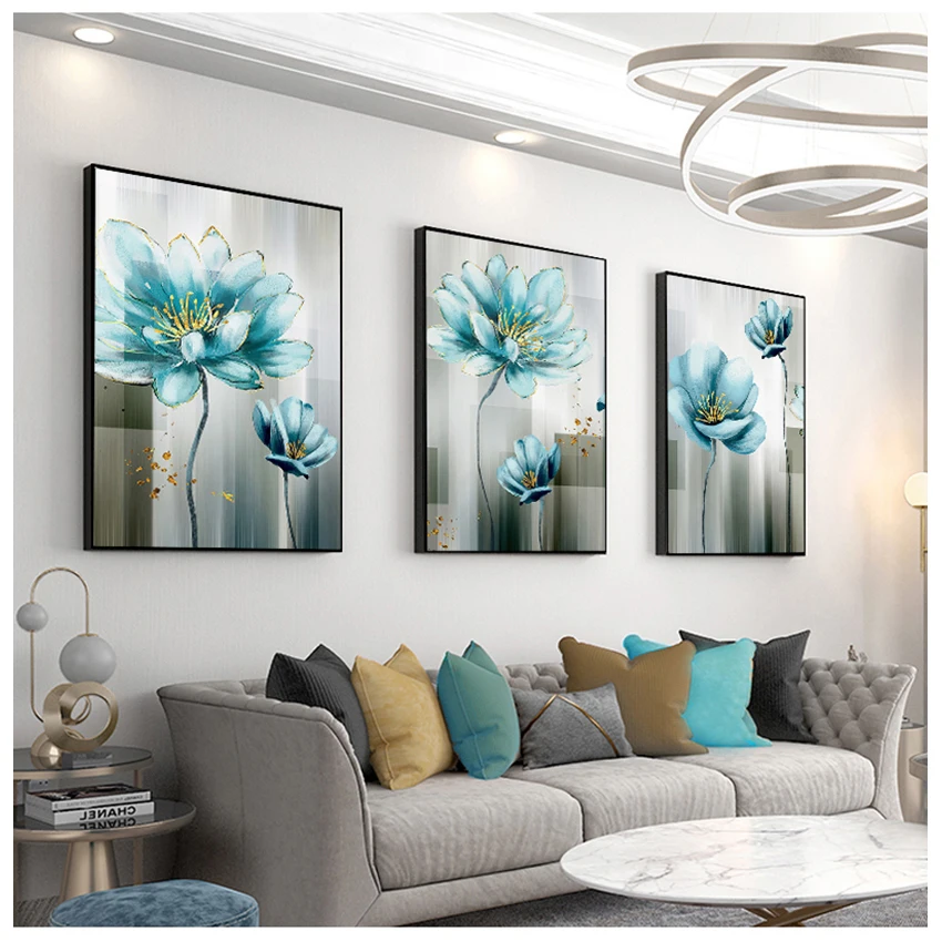 for Living Room Gold Print Cuadros Salon Decoracio Abstract Blue Flower Canvas Painting Modern baby blue Wall Art Picture