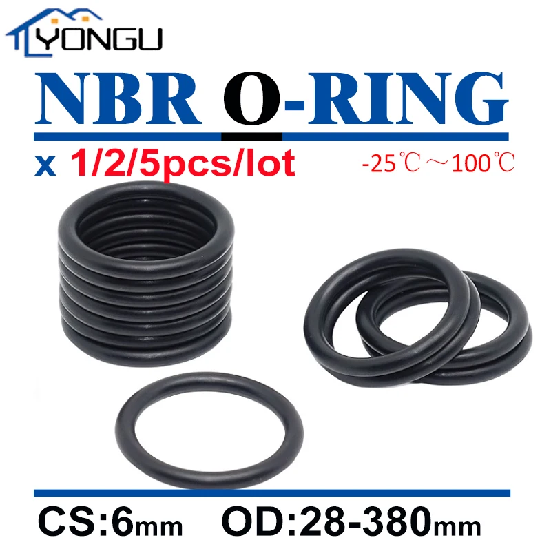 1/2/5Pcs Black NBR O Ring Gasket Thickness CS 6mm OD 28~380mm Nitrile Rubber Round O Type Corrosion Oil Resist Sealing Washer