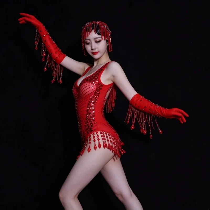 Vintage Red Rhinestones Fringe Bodysuit Beaded Headgear Gloves Stage Wear Nightclub Bar Sexy Gogo Dancer Show Pole Dance Costume