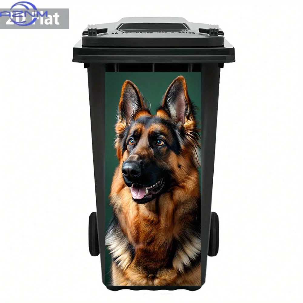 Close-Up of a 2D Flat German Shepherd Sticker for Trash Cans – Waterproof, Easy to Peel, Featuring a Pet Portrait with a Loyal