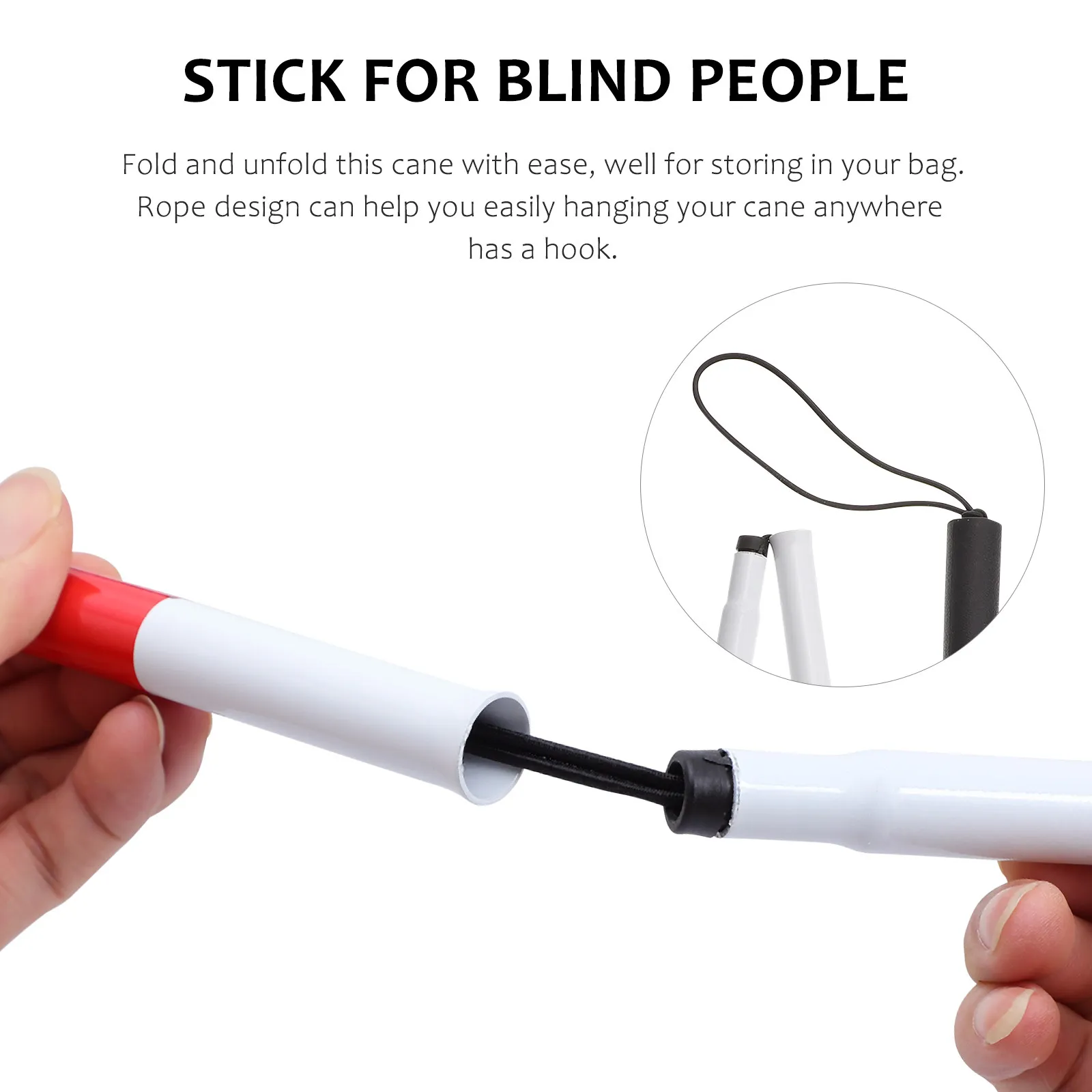 1Pcs Aluminum Alloy Blind Cane 4 Section Foldable Walking Stick Reflective Tape Night Safety Rope Hook Design Cement Asphalt