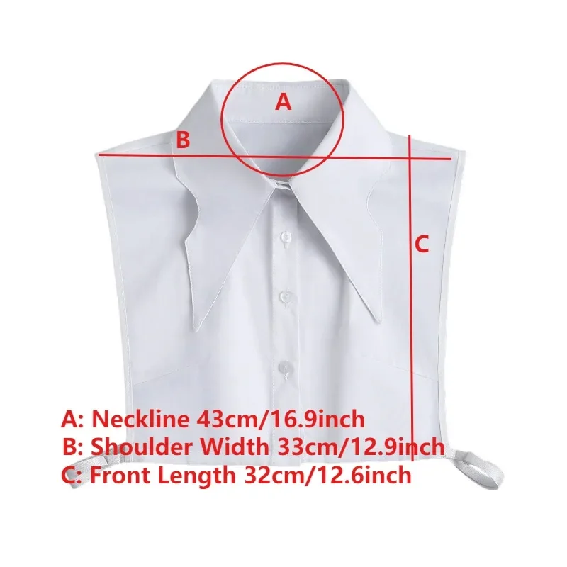 Feminino branco longo apontado colar falso grande lapela colar falso lapela destacável meia camisa de algodão colares falsos
