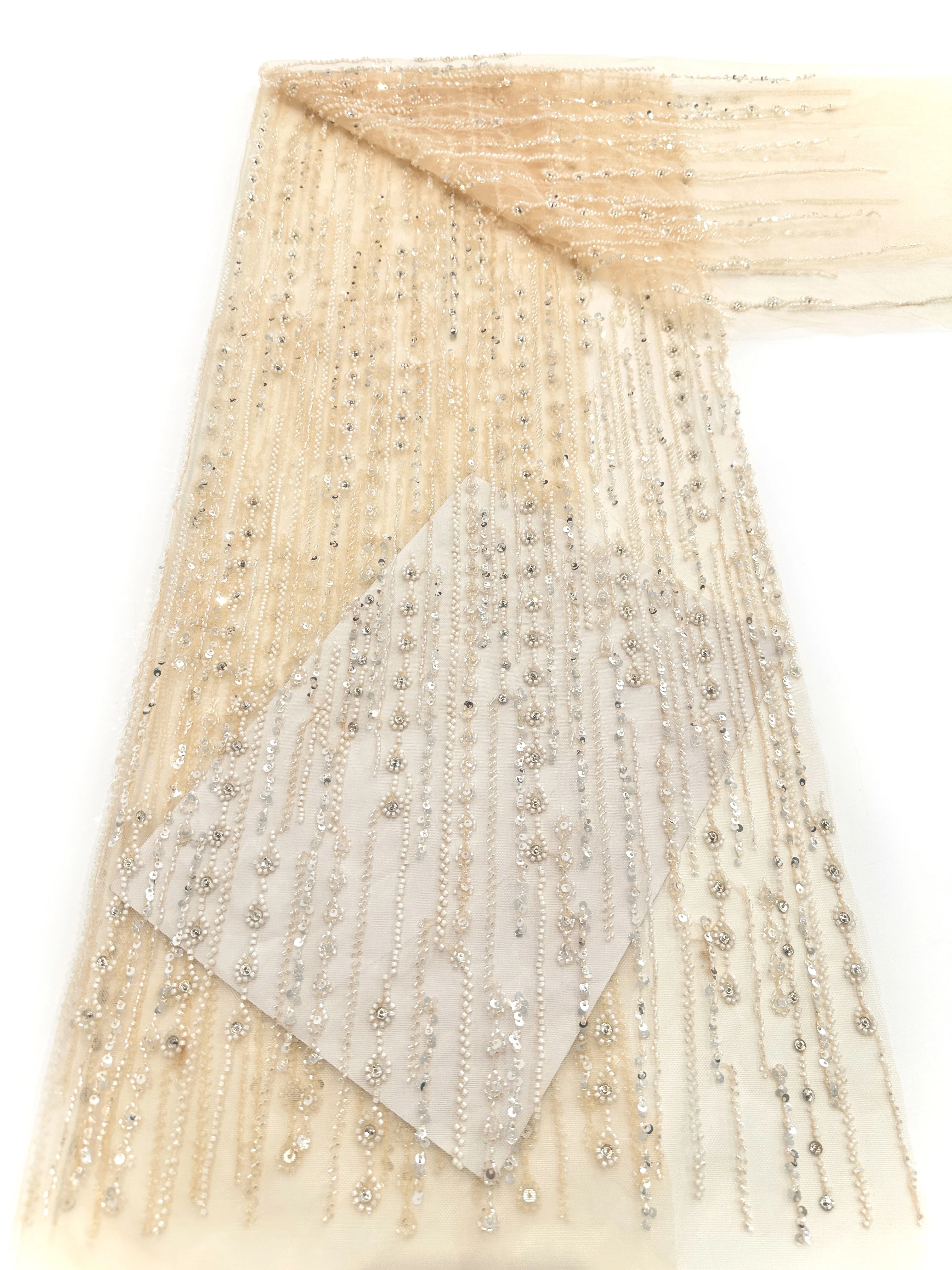 2025 High Quality New Arrival African Handmade Beaded Tulle Lace Fabric Nigerian Sequins Lace Fabric For Wedding Dresses 5 Yards