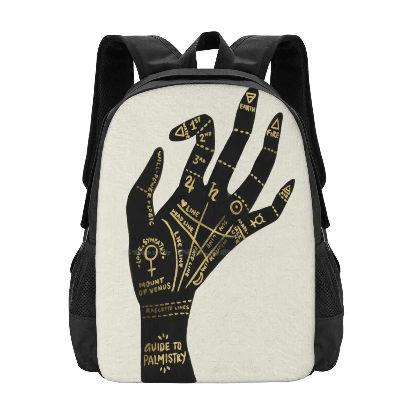 Palmistry Hot Sale Backpack Fashion Bags Palmistry Palm Reading Hand Occult Typography Gold Black And White Chiromancy