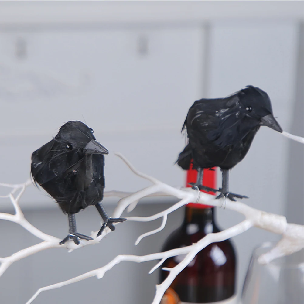 Figurines de bureau de corbeaux d'halloween, corbeaux à plumes noires multifonctions, atmosphère Festive, accessoires de décoration de maison hantée réalistes