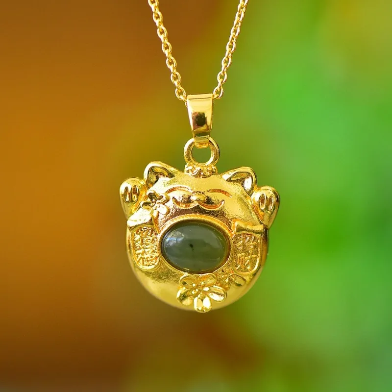 Copper inlaid Hetian jade lucky cat pendant fashionable women's model