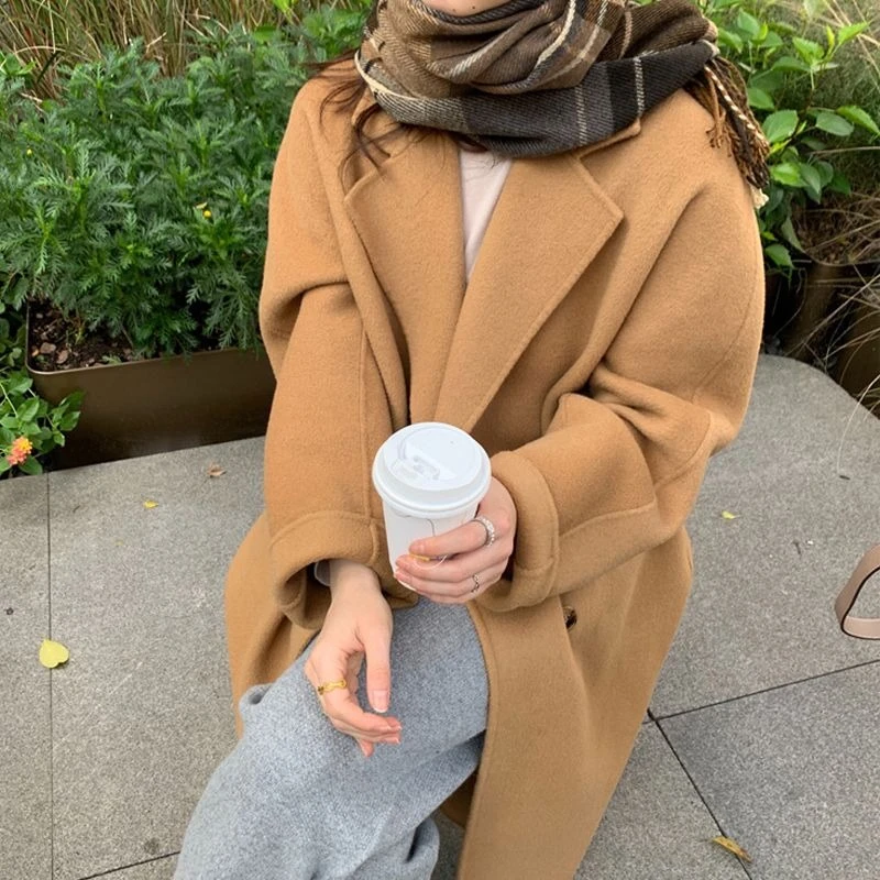 

Korean Style Women’s Knee Length Tweed Coat Mid Long Woolen Jacket Spring Autumn Elegant Relaxed Fit Daily Wear