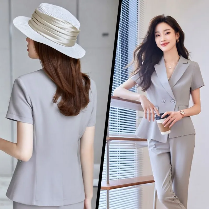 Women Fashion Office Wear Short Sleeve Blazer Or Pants Or 2pcs Chic Classic Vintage Elegant All-match Clothing Summer