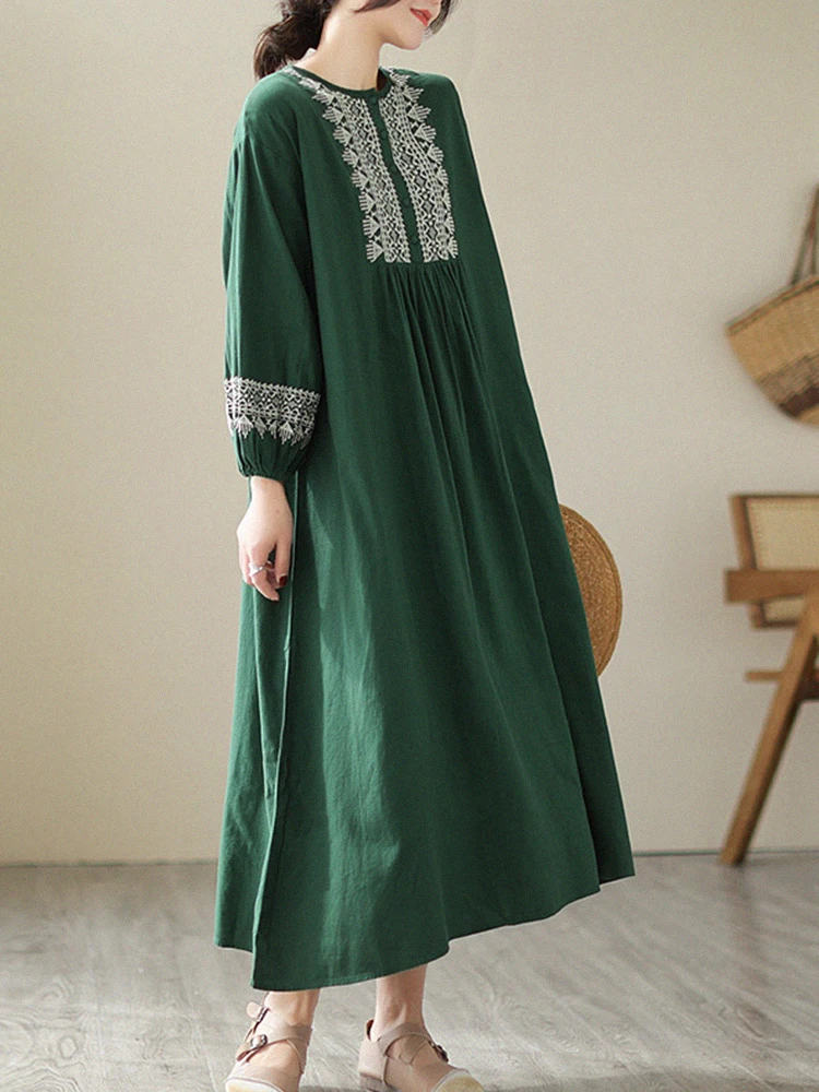 

Large Size Cotton Linen Doll Skirt Women's Forest System Embroidery Long Dr A-Line Midi Dr Comfortable Breathable Sprin...