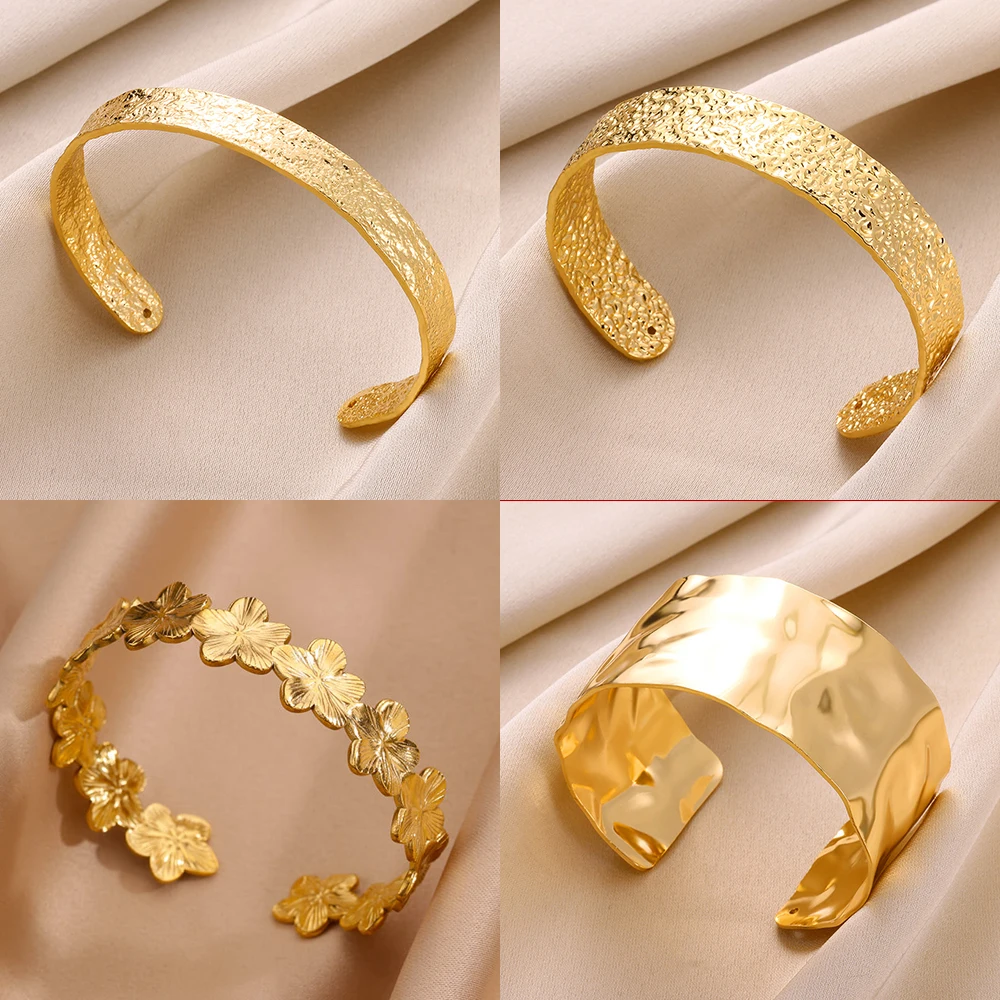 Stainless Steel Wide Bangles for Women Luxury Gold Color Chunky Flower Cuff Bangle Bracelet femme Vintage Wedding Jewelry Gifts