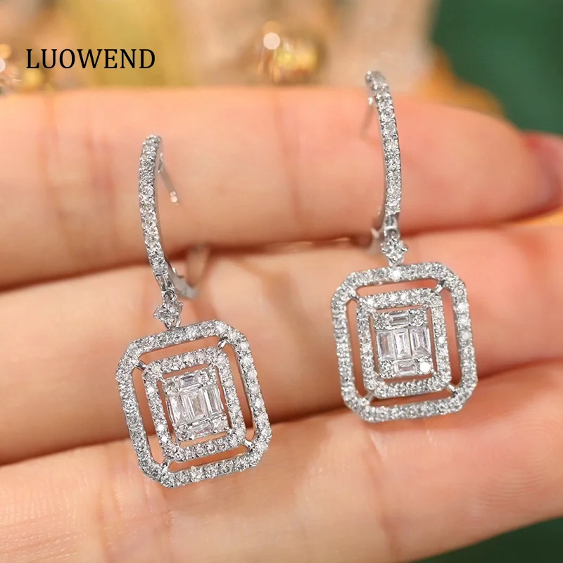 

LUOWEND 18K White Gold Earrings Shiny Square Design OL Style 1.16carat Real Natural Diamond Hoop Earrings Luxury Women's Jewelry