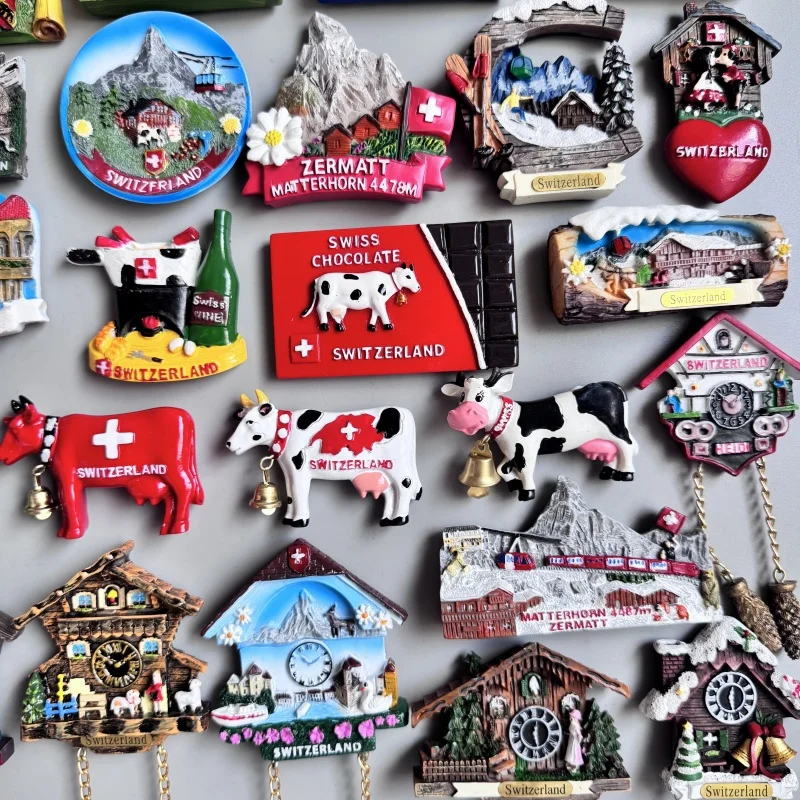 مغناطيس الثلاجة في سويسرا بيرن زيورخ زيرمارت لوزيرن بقرة الألبان السويسرية Jungfraujk ساعة الوقواق مجموعة ديكور المنزل