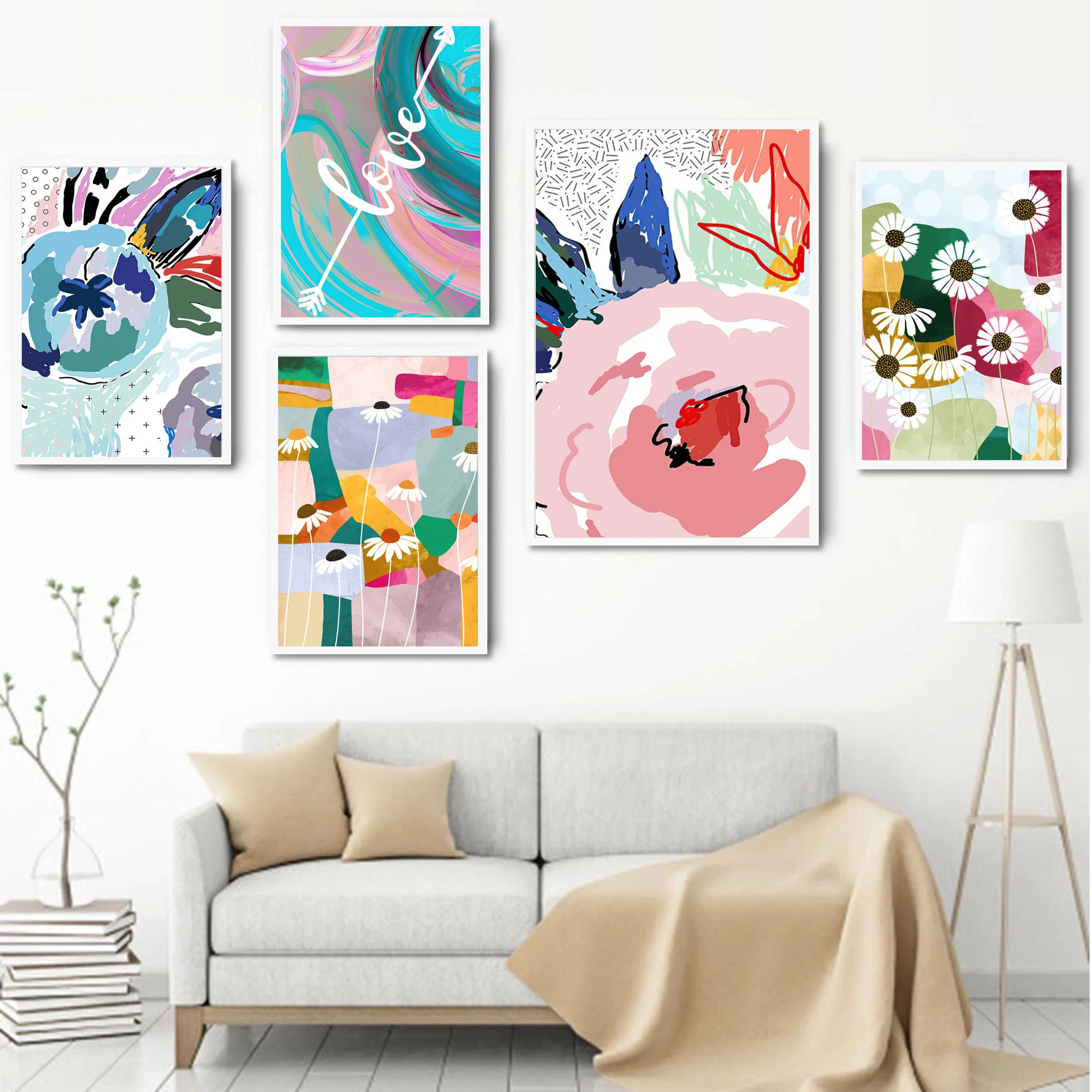 Modern Abstract Color Flowers, Butterflies and Love Art Canvas Posters and Printed Pictures for Living Room Bedroom Home Decor