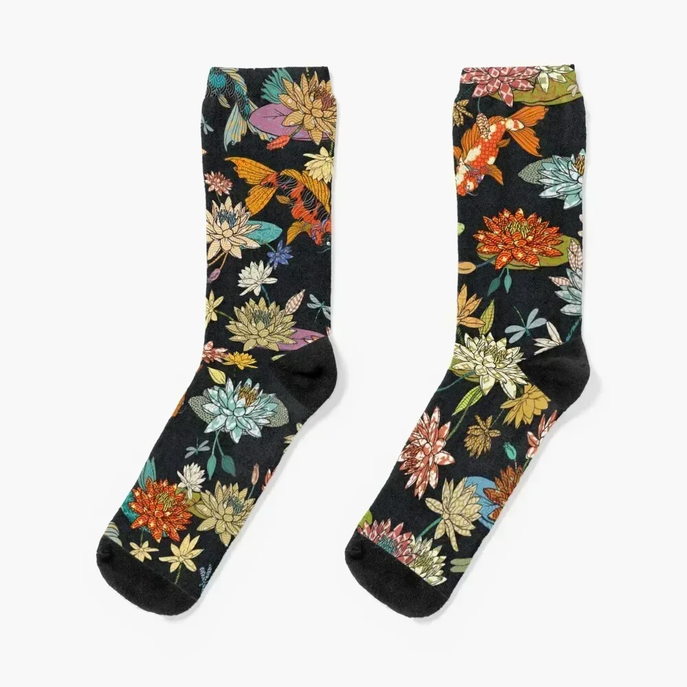 Water Lily Koi Pond on a black linen background Socks sport Rugby heated Socks Girl Men's