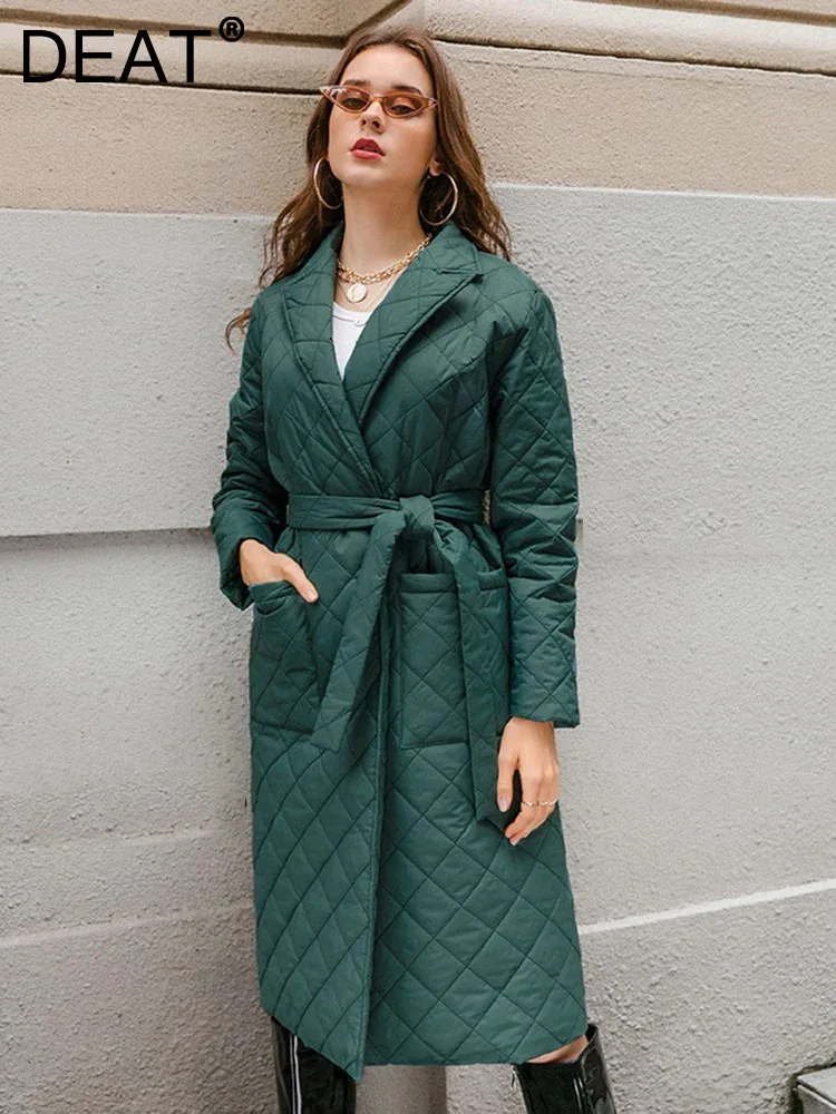 

DEAT Fashion Women's Cotton-padded Coat Lapel Loose Quilting Sashes Long Sleeve Pockets Parka Jackets Winter 2024 New 7AB2819