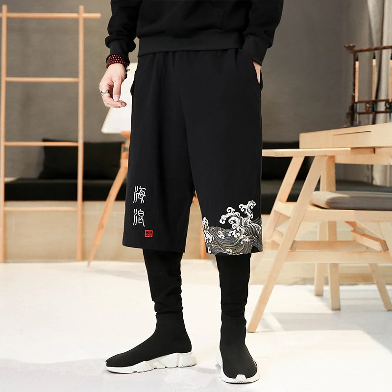 Wide Leg Pants for Men Japanese Style Waves Embroidery Vintage Ukiyo-E Bermuda Shorts Spring Summer Samurai Style 2022 Casual