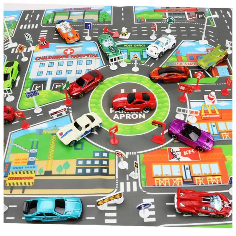 Kids Toys City Parking Lot Map DIY 28 Pcs Road Signs Car Model Climbing Mats Toys English Version Gift For Child