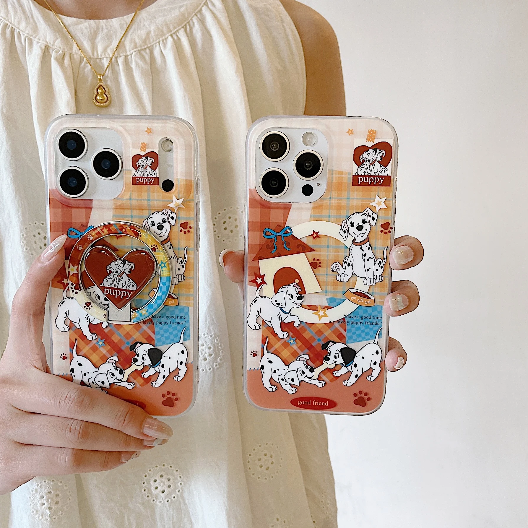 

Pet Hand-Painted Spotted Dog Heart Shape Magnetic Attraction Bracket Phone Case For iPhone 17 14 15 16 Pro Max Anti Drop Case