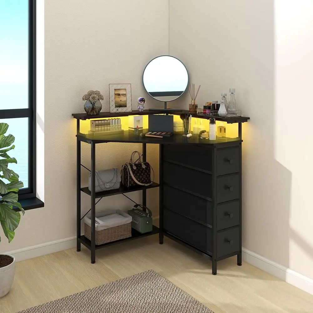 Corner Desk With Drawers Shelves For Small Space 90 Degrees Triangle Computer Desk With Power Outlets,Gaming Desk With Led