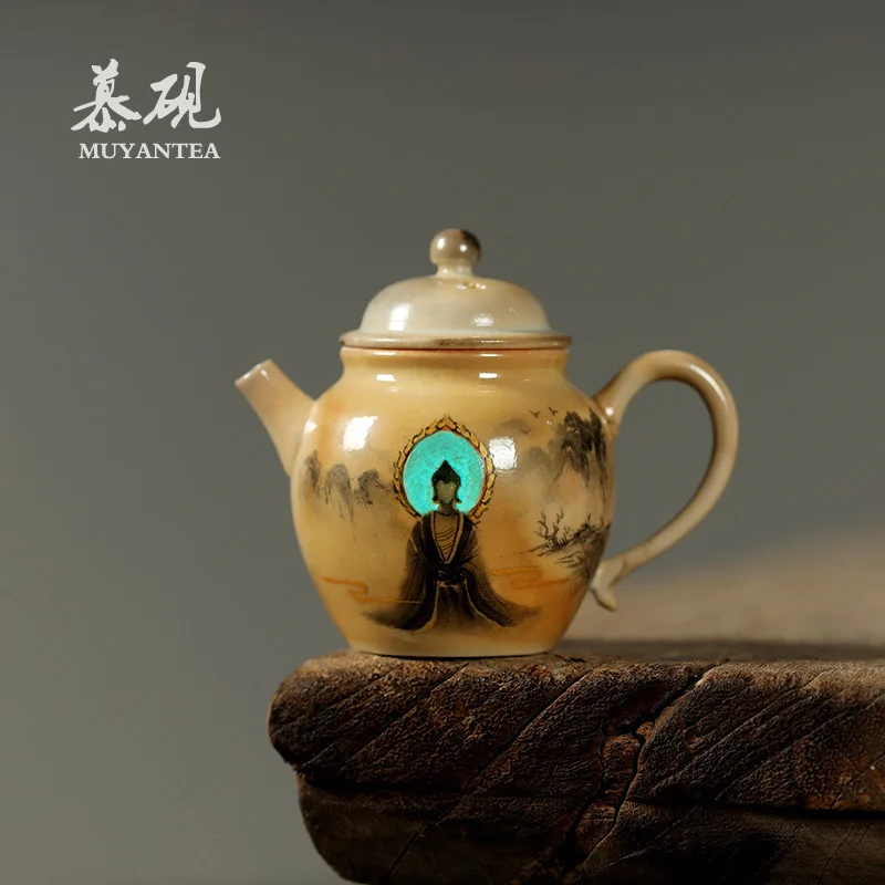 Tetera Dunhuang de Mu Yan, Pintada a Mano y Cocida al Horno de Leña, Hecha Completamente a Mano con Escritura Cursiva, Infusor de Té de Roca y Mineral
