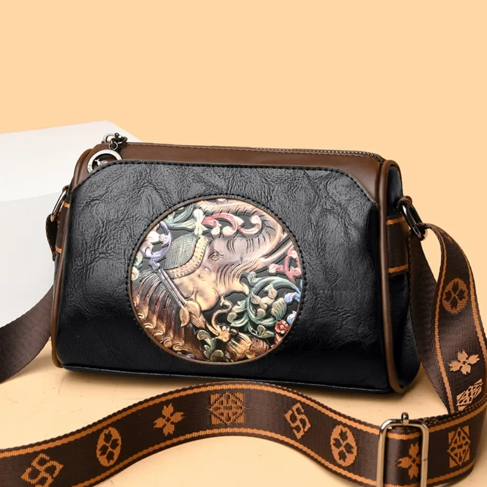 

Women Soft Leather Shoulder Bags Elephant Pattern Design Ladies Vintage Style Purses Crossbody Bag Messenger Commuter Sac A Main