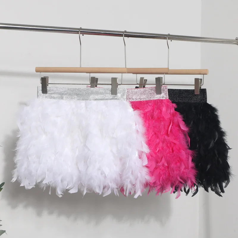 Women White Skirt Puffy Feather High Waist Performance Stage Dancing Costumes Women Skirt Irregular Elastic A-Line Skirt
