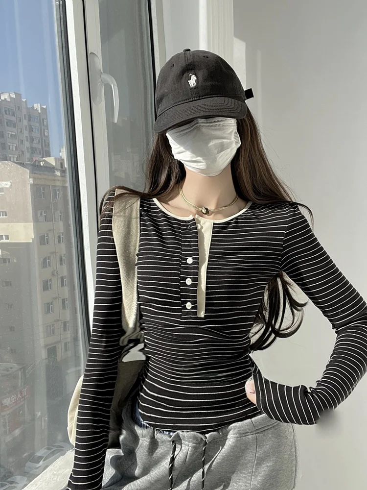 Cseta de Manga Longa em Estilo Retro com Bloco de Cores para Mulheres, Camada Base de Primavera e Outono, Top Slimming com...