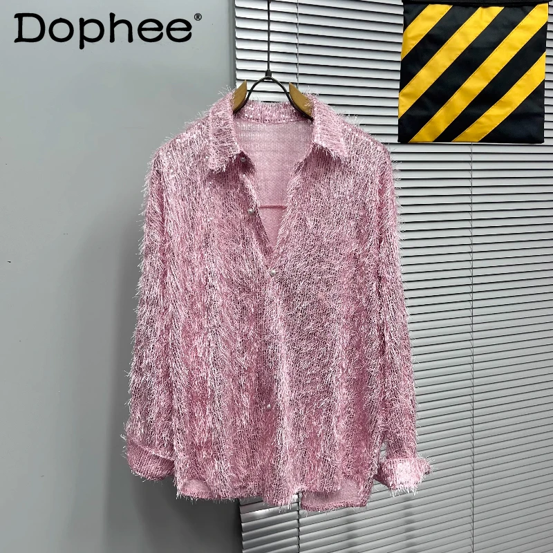 

Men's 2026 Spring New Hollow-out Tassel Fashion Lapel Long-sleeve Shirts Trendy Loose Comfort Stylish Shirts Male Elegant Tops