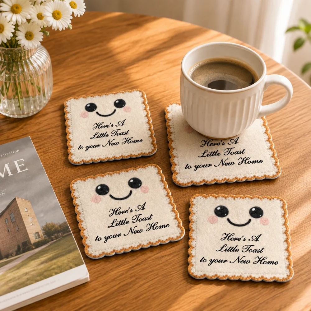 Custom Personalized Name Felt Coaster 4Pcs Cute Toast Bread Shape Cup Mat Non‑Slip Drink Coaster 10x10cm Home Table Decor Gift