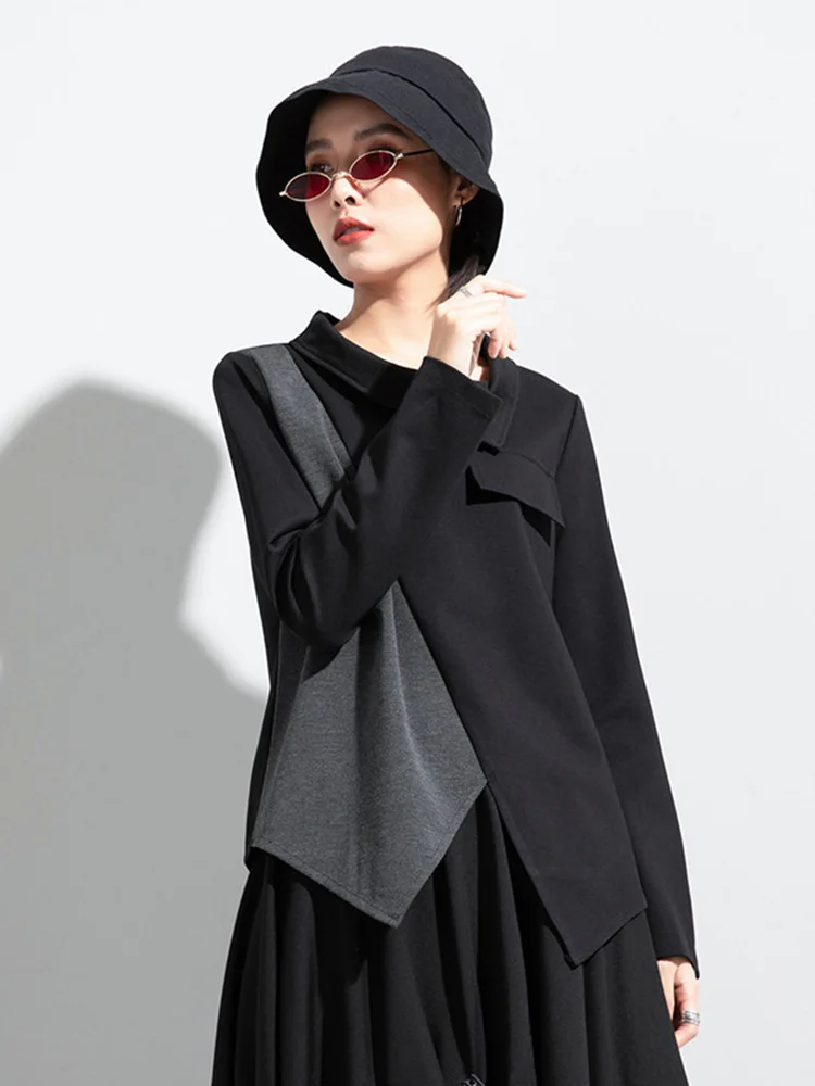 [EAM] Irregular Spliced Gray Big Size Loose Fit Sweatshirt New Lapel Long Sleeve Women Big Size Spring Autumn 2024 1DD0161