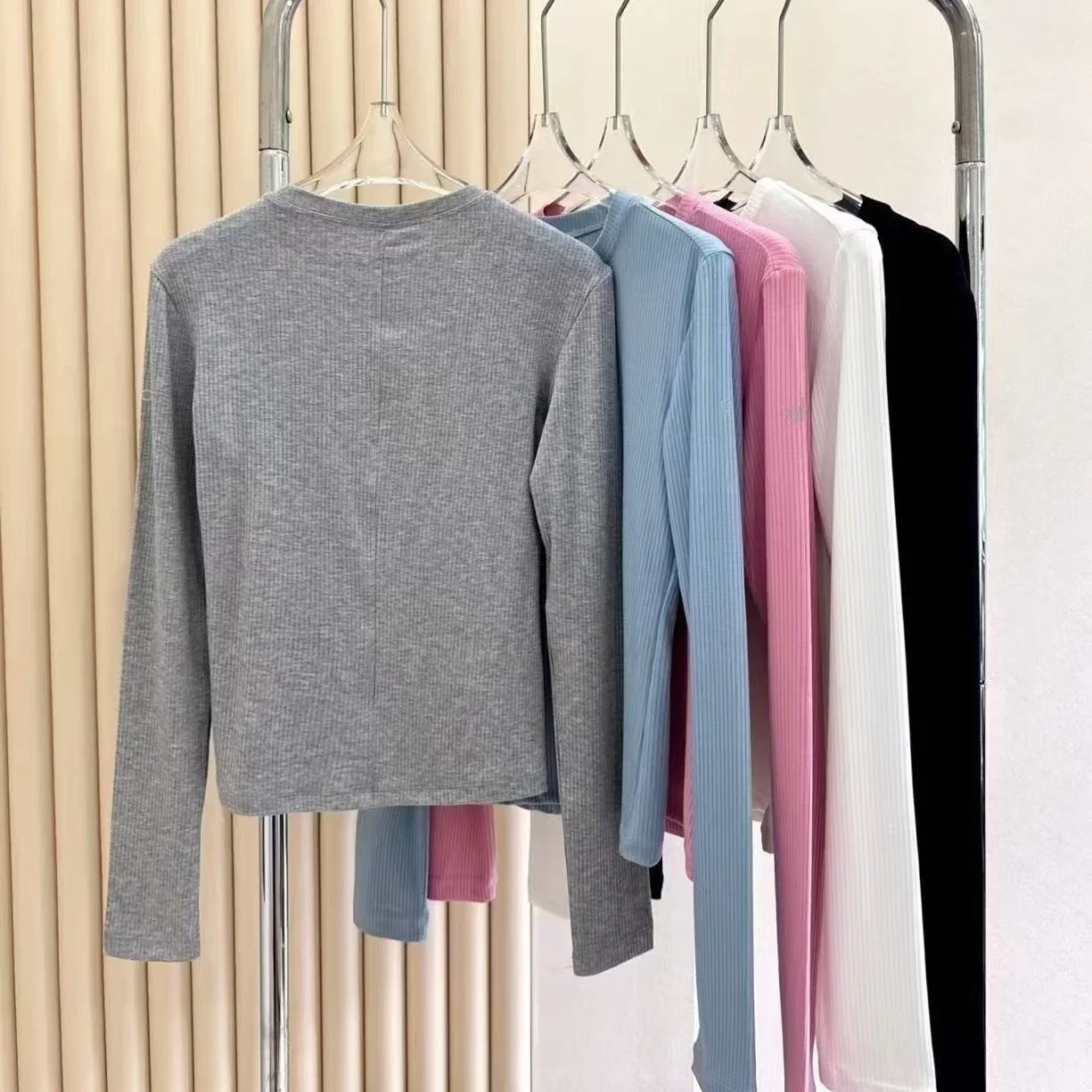 LO Yoga-Camiseta de manga larga con cuello redondo para mujer, Top deportivo informal ajustado con parte inferior elástica alta de punto roscado