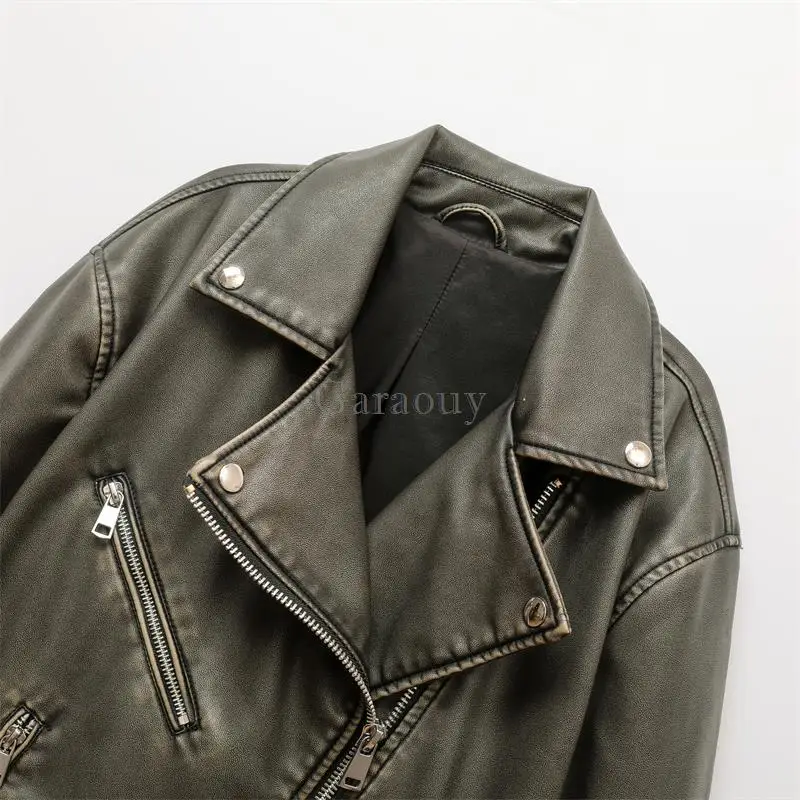 Garaouy 2023 Autumn Vintage Faux Leather Jacket Women\'s Zip Belt Pu Motorcycle Jackets Female Casual Loose Coats Outwear Mujer