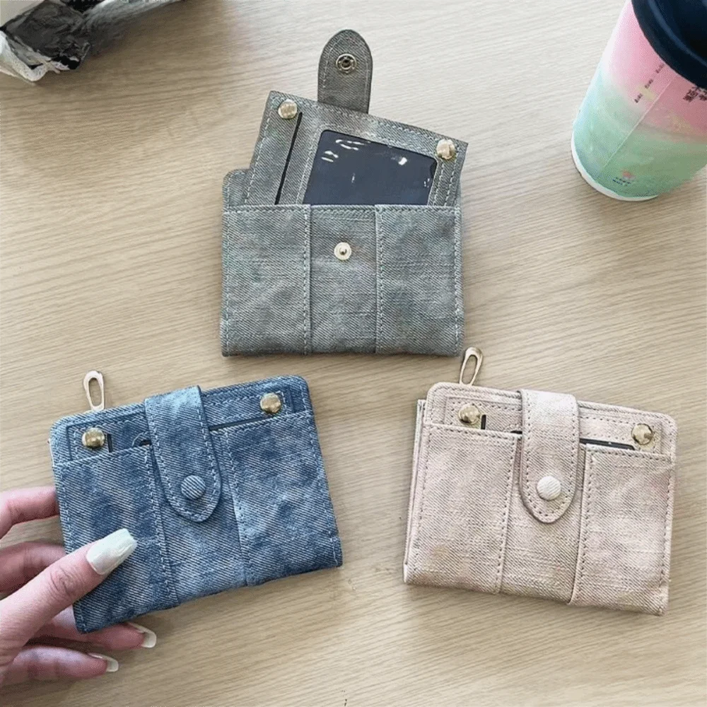 New PU Leather Bifold Wallet Snap Closure Zipper Pocket Short Purse Compact Size Denim Texture Coin Pocket Wallet Everyday Use