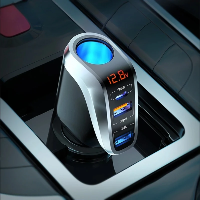 Car charger 66W super fast charging Car charging Cigarette lighter one-to-three conversion plug PD fast charging