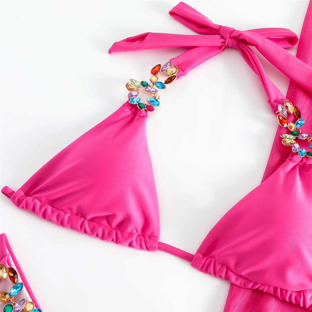 Diamantbesetzter Bikini mit Rock und Neckholder, dreiteiliger Badeanzug für Damen, Badebekleidung, Badeanzug, Schwimmanzug V4849 – Detail 30