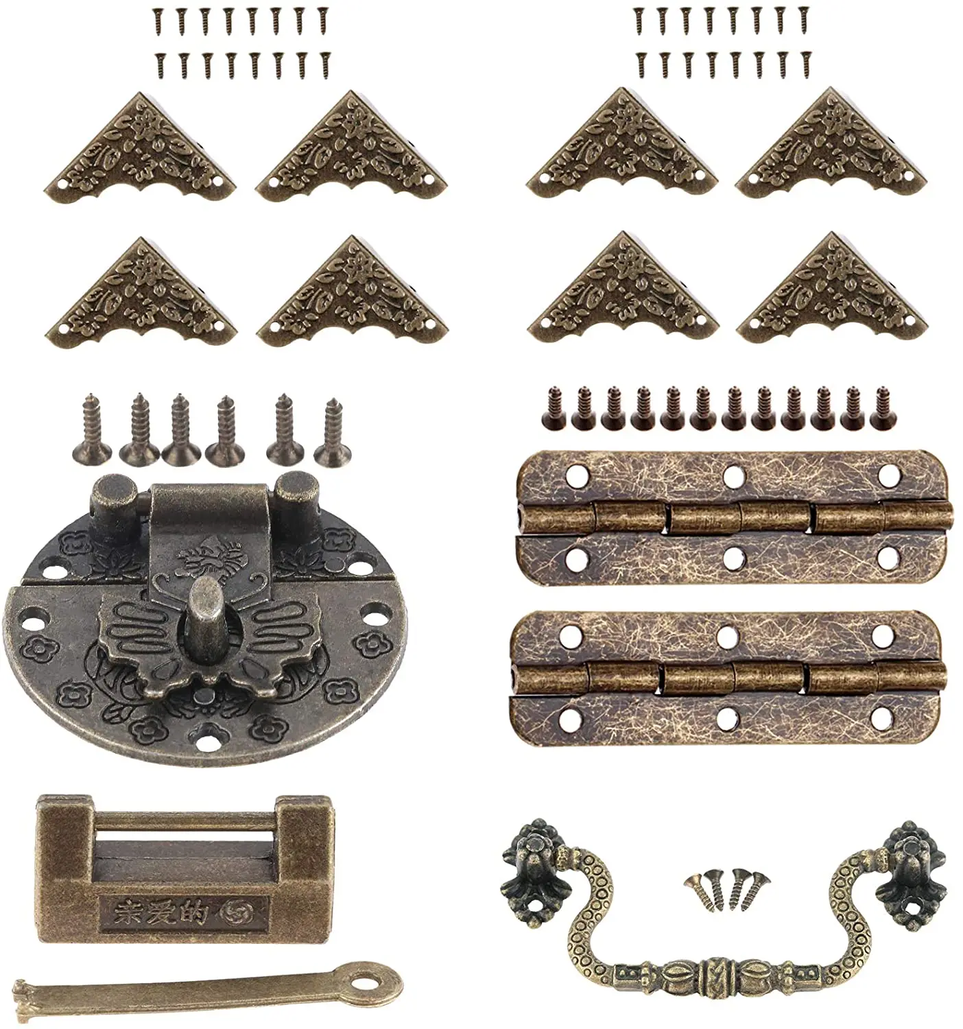 Box Corner Protectors Vintage Box Lock Latch Hasp +Padlock Pull Handle +Hinges Hardware Kit Chinese Classical Culture for Boxes