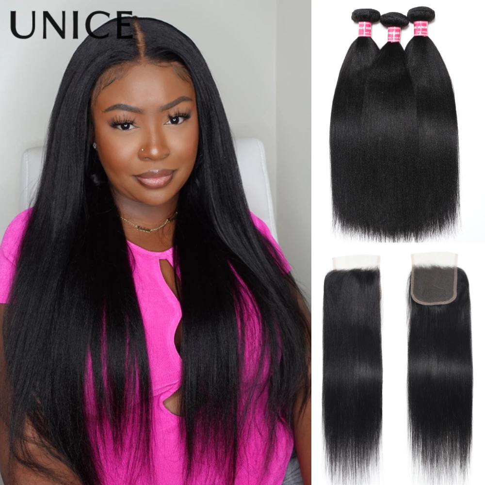 UNice ياكي حزم مستقيمة مع إغلاق اللون الطبيعي 100% حزم الشعر البشري 2/3/4 قطعة و 1 قطعة جزء مجاني 4x4 بوصة الدانتيل إغلاق