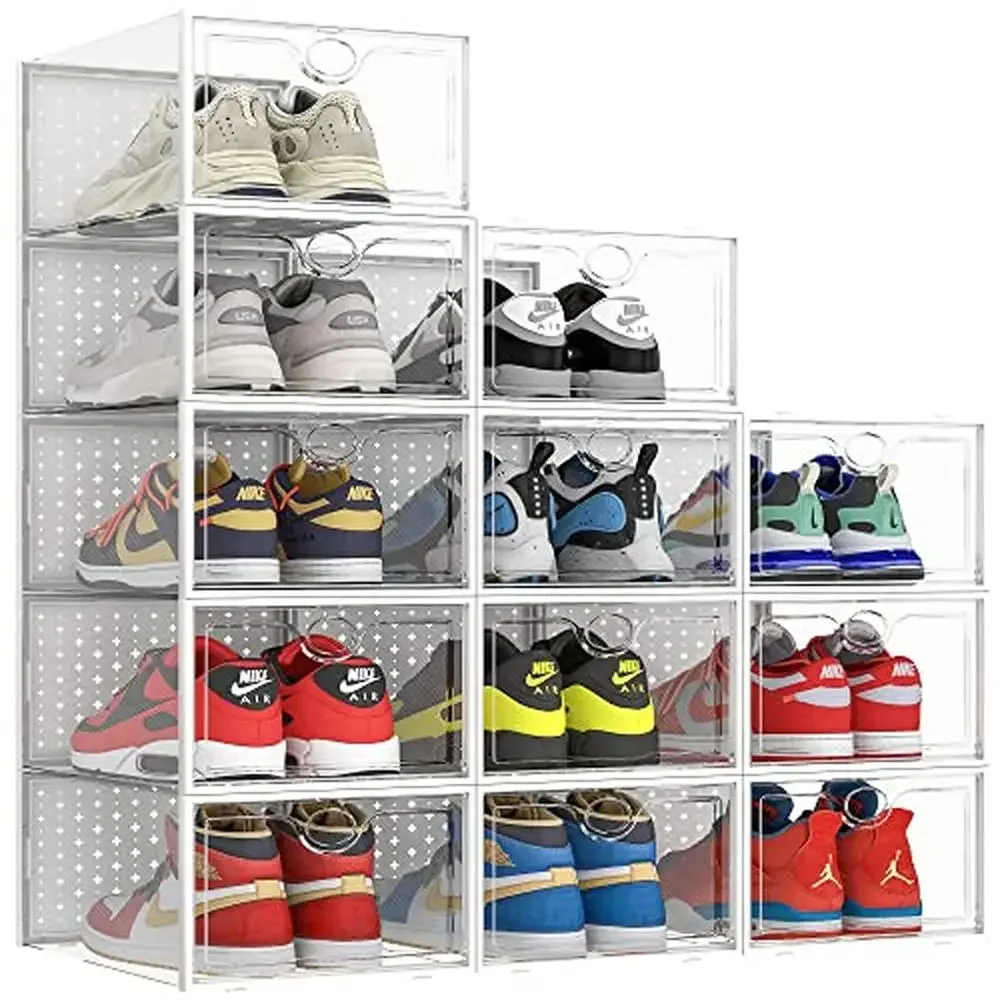 

Clear Stackable Shoe Organizer Box XXL 12 Pack Breathable Dust-Free Men's Sneaker Storage Container Easy Assembly & Stackable