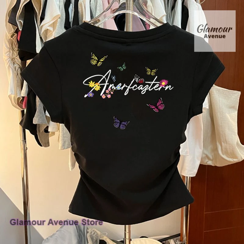 어깨 자수 꽃무늬 패션 반팔 티셔츠 여성 봄 여름 신상 패션 디자인 탑.